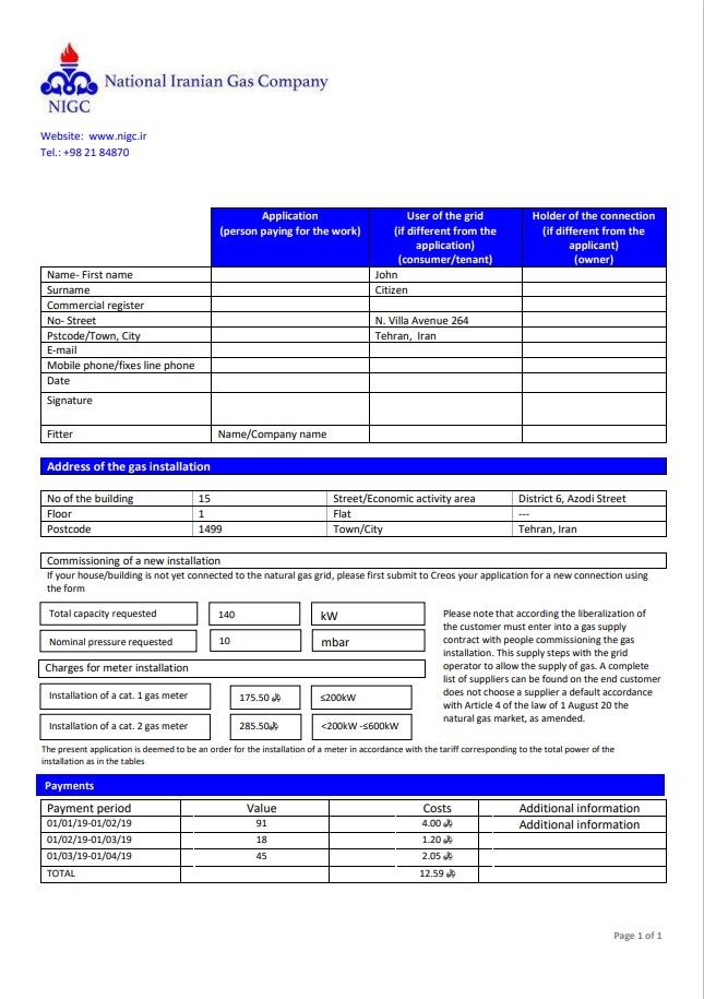 Iran National Iranian Gas Company gas utility bill